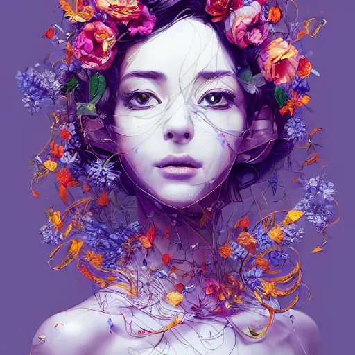 Image similar to the portrait of an absurdly beautiful, graceful, elegant, innocent woman made of petals looking up, an ultrafine detailed illustration by kim jung gi, irakli nadar, intricate linework, bright colors, octopath traveler, final fantasy, angular, unreal engine 5 highly rendered, global illumination, radiant light, detailed and intricate environment