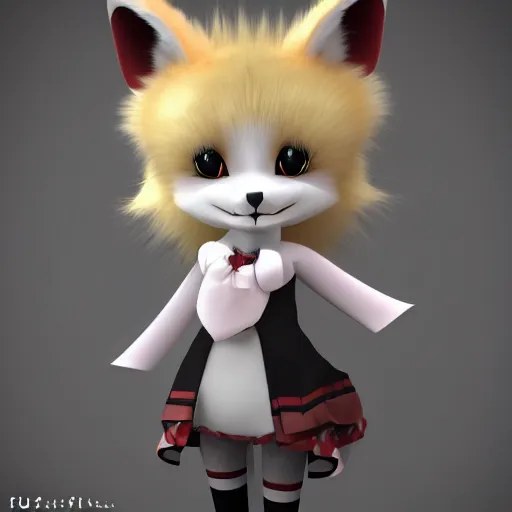 Image similar to cute fumo plush fox girl, floppy ears, gothic maiden, alert, furry anime, vray, smile