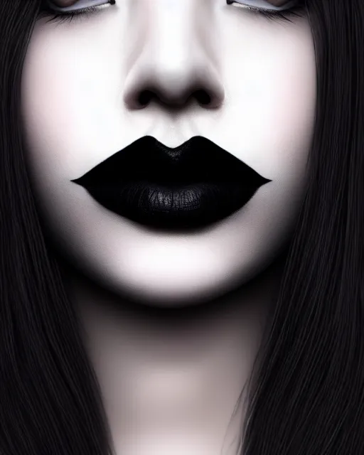 Image similar to realistic portrait of a woman with black lipstick, dark, facing camera, photo realistic, detailed, 1 4 5 0, delicate, hyper realism, ultra realistic, 8 k