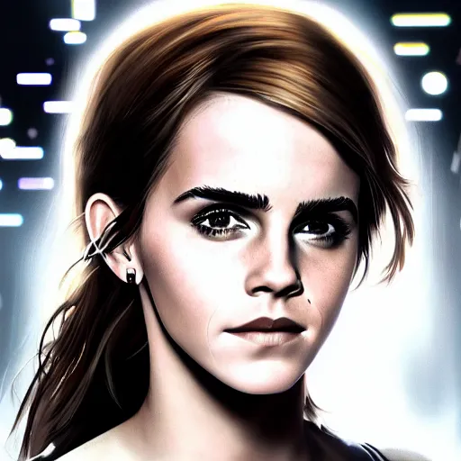 Image similar to Portrait of Emma Watson, the background is a huge futuristic city, cyberpunk style futuristic neon lights, artstation cgsociety masterpiece highly-detailed