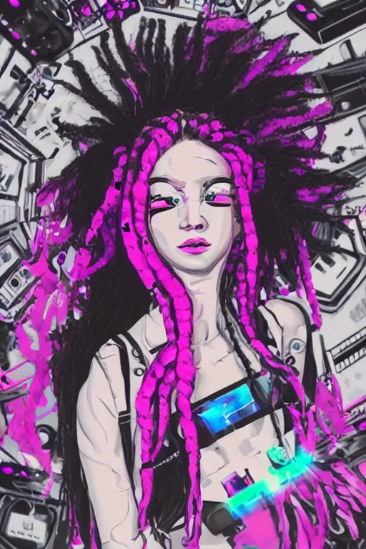 Image similar to portrait of an cybergoth girl with pink and black dreads laying on the floor of her room on ipad, by laia lopez, vaporwave colors, lo - fi colors, vaporwave, lo - fi, moody vibe, goth vibe, 4 k, hd,