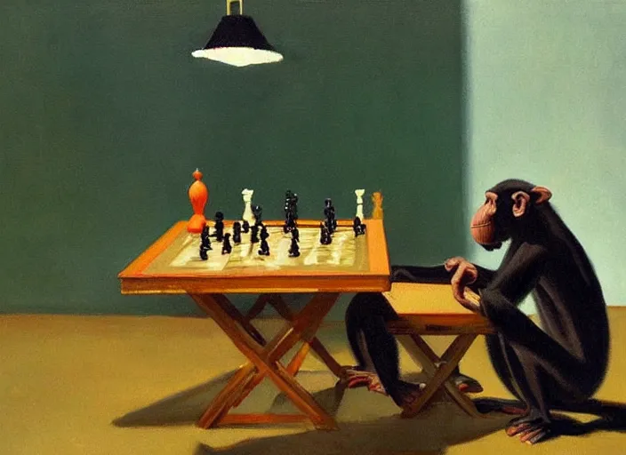 Image similar to a very very beautiful painting of a chimp playing chess in the style of edward hopper