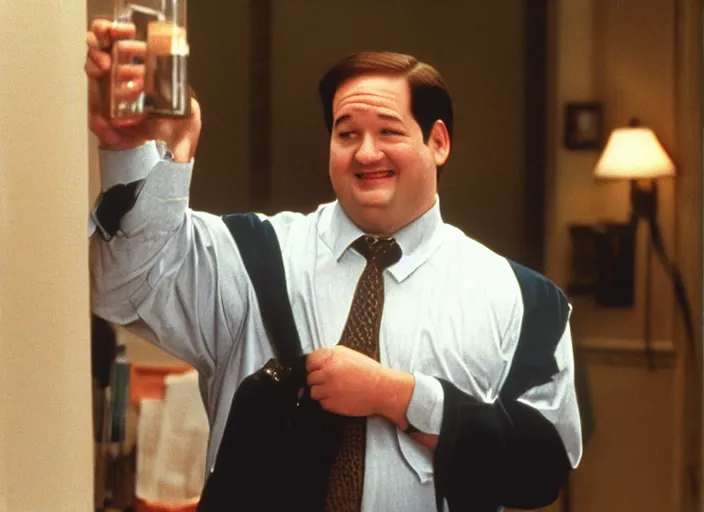 Prompt: Kevin Malone as Gordon Gecko in Wall Street 1987