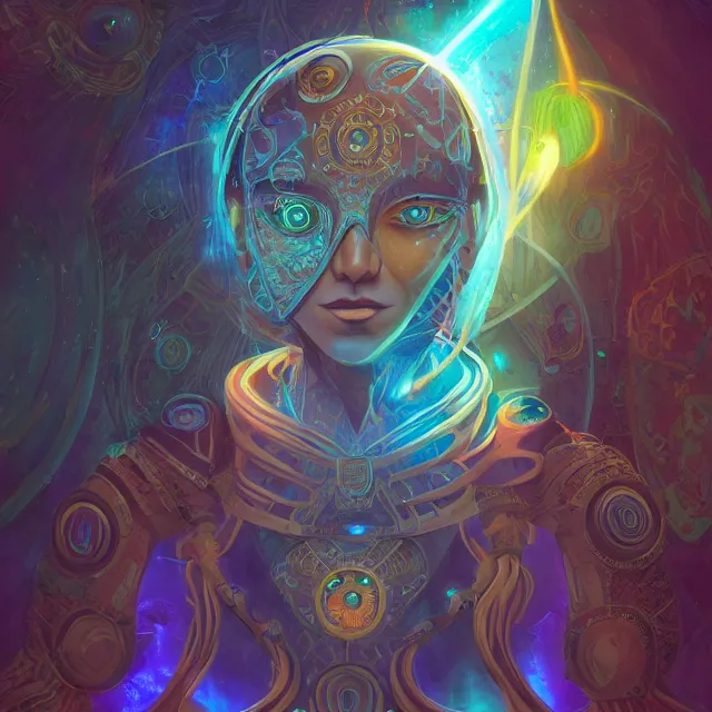 Image similar to one centered screen portrait of a future metaverse ayahuasca tech shaman warrior, 2 d cartoon, visionary art, symmetric, magick symbols, holy halo, shipibo patterns, sci - fi, concept art, trending on art station, 8 k digital art, by mandy jurgens, fantasy portrait art, anime