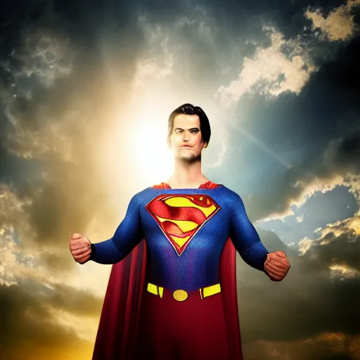 Image similar to jesus as superman, award-winning photo, very detailed, very realistic, beautiful lighting