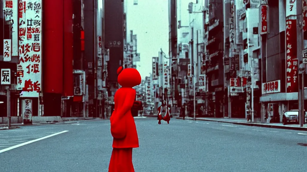 Prompt: a woman in a red dress wearing a red baboon mask standing alone on an empty street in downtown Tokyo , film still from the an anime directed by Katsuhiro Otomo with art direction by Salvador Dalí, wide lens