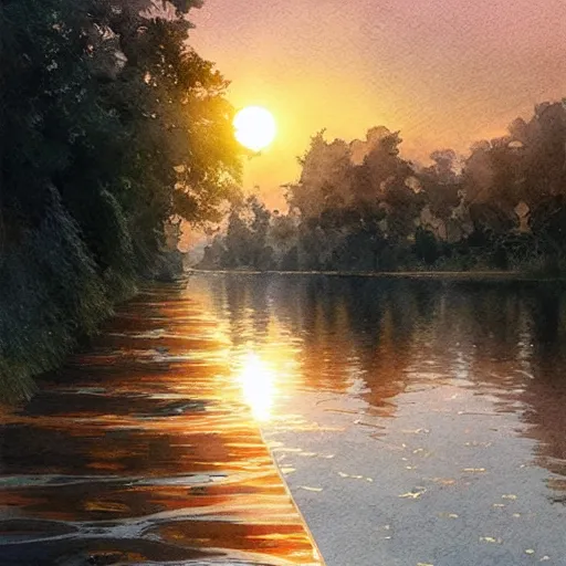 Image similar to River leading into a sunset, Watercolor, photorealistic, high resolution, award winning, trending on artstation, intricate, elegant, highly detailed, digital painting, artstation, concept art, smooth, sharp focus, illustration, art by artgerm and greg rutkowski and alphonse mucha