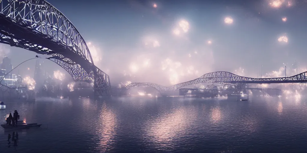 Image similar to explosions in the form of realistic white cotton plants on harbour bridge, huge white cotton everywhere on the destroyed harbour bridge, smooth, sharp focus, highly detailed, 3 d octane render, epic lighting, lots of white cotton, 8 k, by rhads