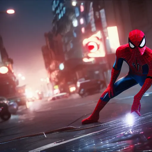 Image similar to Spider-Man in Stormtrooper suit fighting against Venom on destroyed city, Unreal Engine, 4K, Ray Tracing, cyberpunk