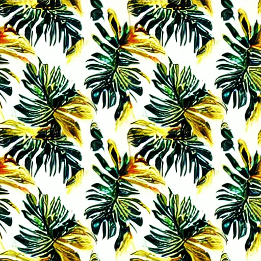 Image similar to repeating pattern seamless. watercolor. tropical palm leaves, warm light, gold and green, hyperrealistic, detailed