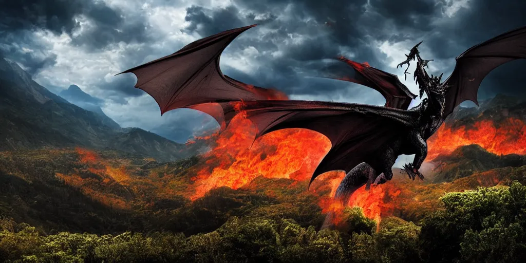 Image similar to a powerful flying black fire Dragon spitting fire in the foreground, big Mountains and wide forrests with trees are in the Background, stormy weather at night ,cinematic Style, hyperrealistic