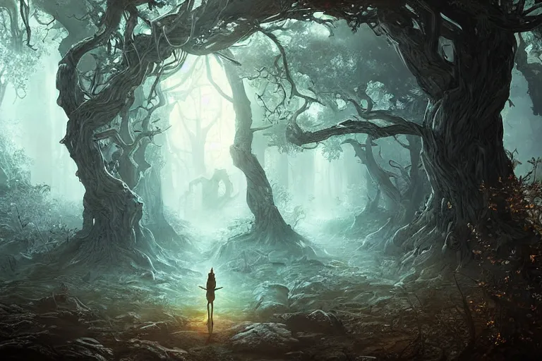 Image similar to an old elven wood, a view to an eerie fantasy world, portal to new york city in the center, ethereal back light, mist, coherent composition, detailed fantasy painting by yuumei