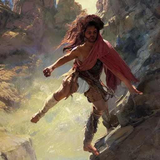 Image similar to oil art of young roma mage adventurer climbing down a cliffside in style of disco elysium character, gipsy jester character design from ravenloft, art by anders zorn, wonderful masterpiece by greg rutkowski, beautiful cinematic light, american romanticism by greg manchess, jessica rossier