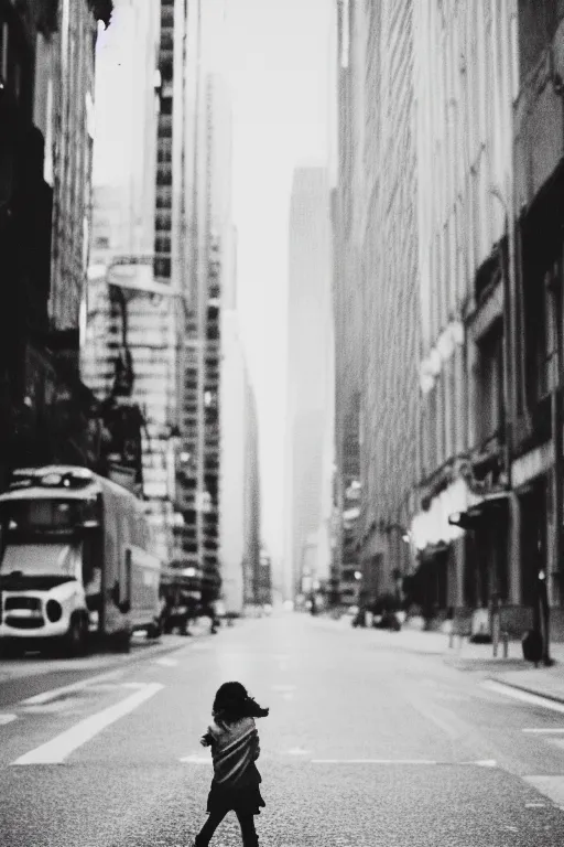 Image similar to photo polaroid of sad and lonely child in the middle of an empty street in a big city, photorealistic, 35mm film, black and white, polaroid,