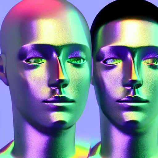 Image similar to 3d render of holographic human robotic head made of glossy iridescent, surrealistic 3d illustration of a human face non-binary, non binary model, 3d model human, cryengine, made of holographic texture, holographic material, holographic rainbow, concept of cyborg and artificial intelligence