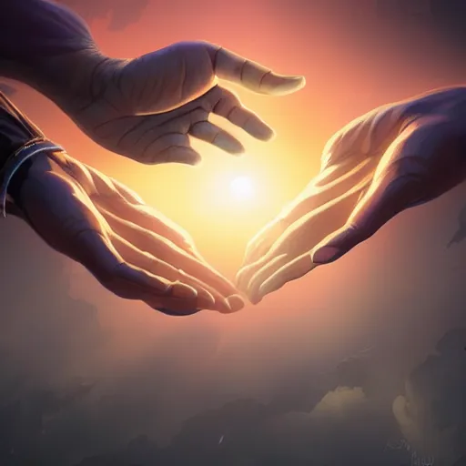 Image similar to a hand reaching out to another hand, behance hd by jesper ejsing, by rhads, makoto shinkai and lois van baarle, ilya kuvshinov, rossdraws global illumination ray tracing hdr radiating a glowing aura