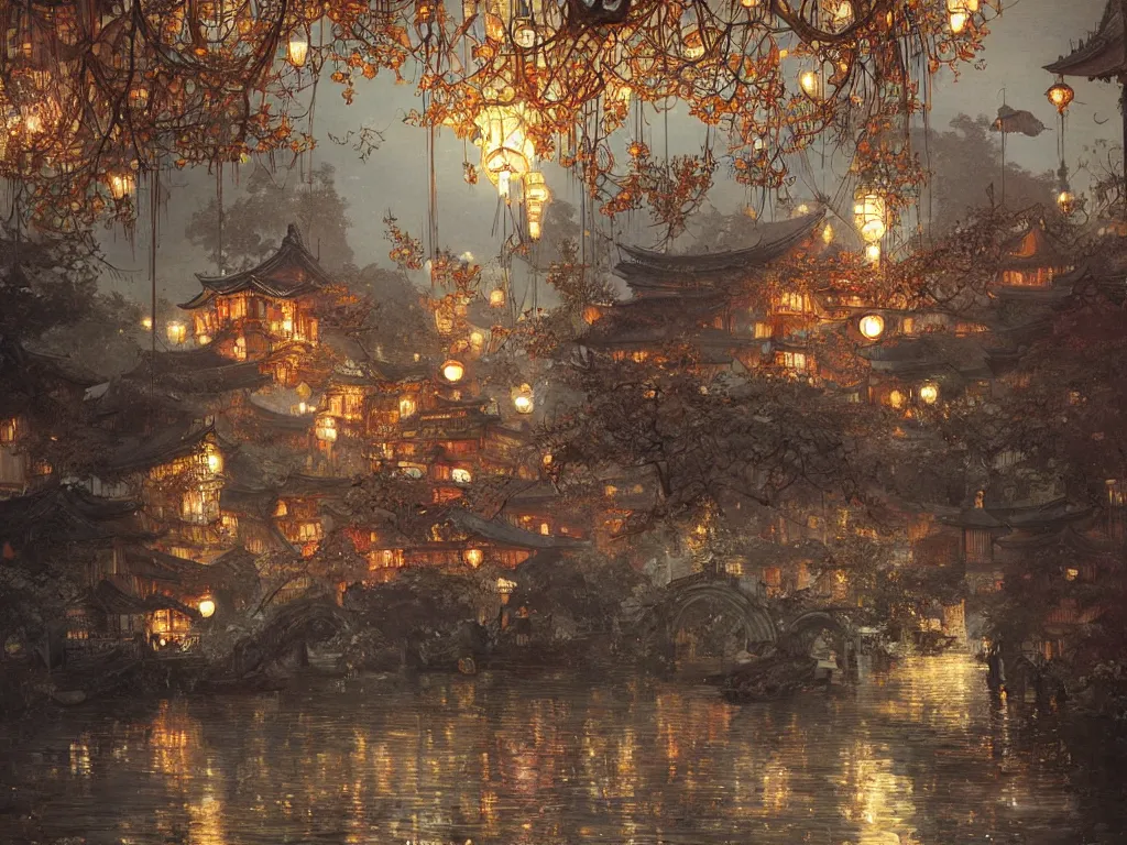 Prompt: view from the river of a beautiful painting of the lantern festival in a an ancient japanese town, at night with a sky full of stars, intricate, elegant, highly detailed, digital painting, artstation, concept art, by krenz cushart and artem demura and alphonse mucha