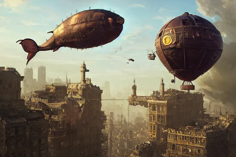 Image similar to a PIG HEAD, pig-blimp, steampunk, digital art, extremely detailed, flying over a city, greg rutkowski, cinematic