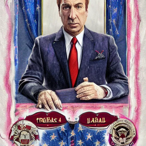 Prompt: Official Portrait of Saul Goodman 47th President of the United States, Highly Detailed, Formal, Purple Tie