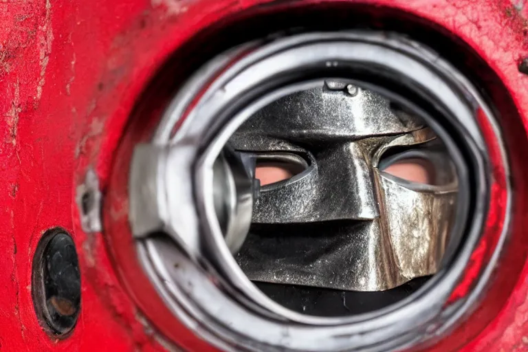 Prompt: a man in a metal mask with red cloak in full armor staring at you through a door peephole. fisheye lense