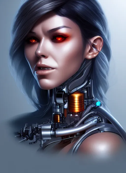 Prompt: portrait of a cyborg woman by Artgerm, biomechanical, hyper detailled, trending on artstation