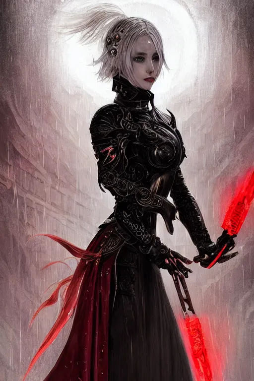 Image similar to portrait white hair sinister knights of Zodiac girl+smoky eyes, black fire red color reflected armor, in ruined Agora of Athens rainy night, ssci-fi and fantasy, intricate and very very beautiful and elegant, highly detailed, digital painting, artstation, concept art, smooth and sharp focus, illustration, art by tian zi and WLOP and alphonse mucha