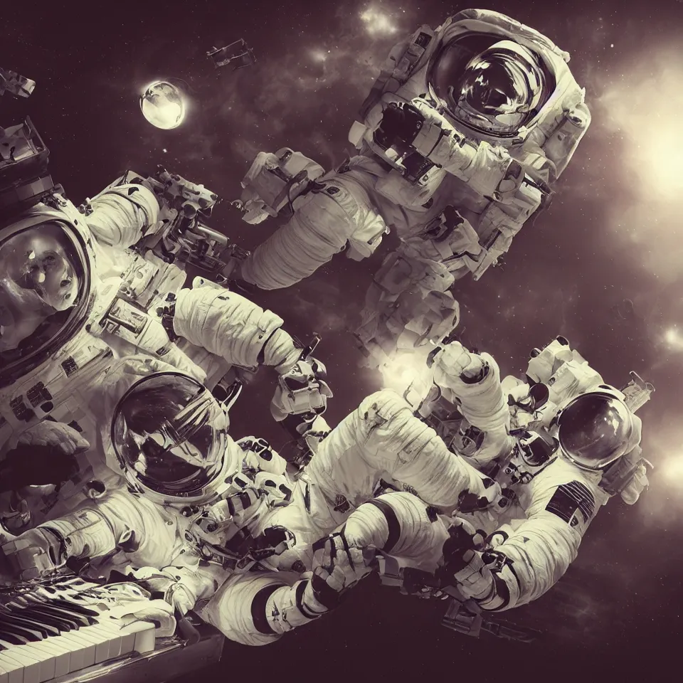 Prompt: portrait astronaut playing a keyboard by ben templesmith, dynamic lighting, cinematic, epic composition, masterpiece