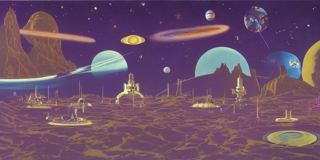 Image similar to surreal painting by chesley bonestell!!, twelve astronauts sitting by the river with a big holiday cake + psychedelic vegetation + purple, pink, blue + planets and stars + mystical fog, vintage sci - fi style of the 5 0 s, rule of the third!!!!, line graphics, 8 k, super detail, high quality