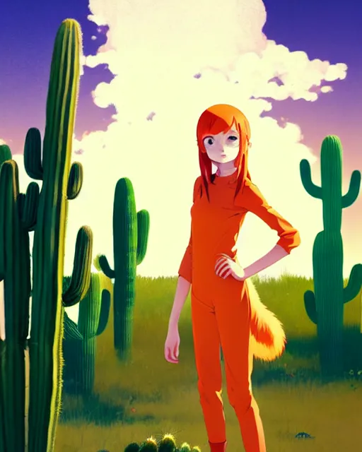 Image similar to portrait of cute redhead foxgirl in orange jumpsuit with fox ears by ilya kuvshinov, holding a cactus, cloudy sky background lush landscape illustration concept art anime key visual trending pixiv fanbox by wlop and greg rutkowski and makoto shinkai and studio ghibli