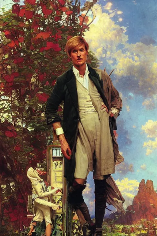 Prompt: The Fifth Doctor standing next to the TARDIS, portrait by Stanley Artgerm Lau, greg rutkowski, thomas kindkade, alphonse mucha, loish, norman Rockwell