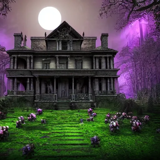 Image similar to Haunted Mansion in a dark forest dead trees moon lit sky spooky depth of field cinematic view Vray 8K HDR Vines Tombstones architecture garden with roses windows glowing purple eerie render