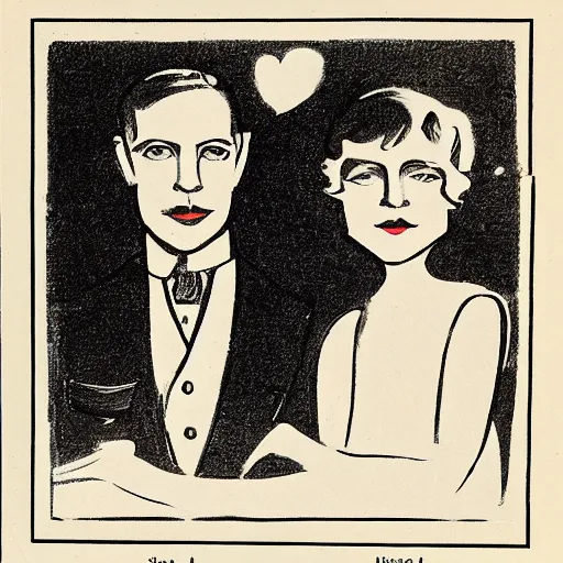 Image similar to a 1 9 2 0 s illustration portrait of two people, focus on their faces, - they were careless people, tom and daisy - they smashed up things and creatures and then retreated back into their money or their vast carelessness or whatever it was that kept them together, and let other people clean up the mess they had made.