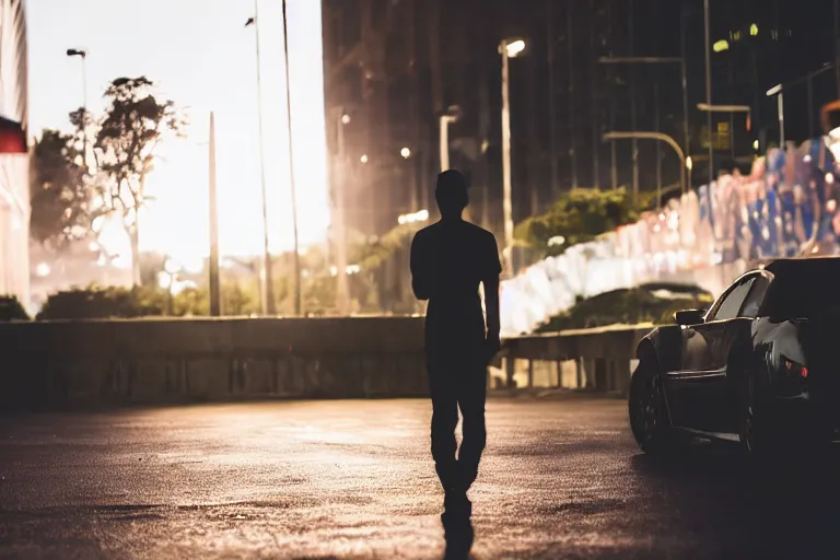 Image similar to silhouette, person on foreground, turned back to the camera, watching cars drive by, bokeh, photorealistic, photo, fuji 2 0 0, canon 8 5 mm, bokeh, cold palette, cinematographic, racing cars, motorsports, chicane, getty images,