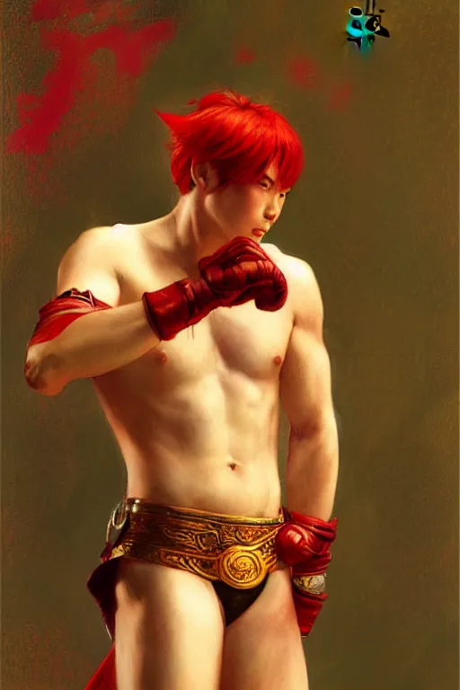 Image similar to male, fighter with magic power, red hair, character design, ming dynasty, colorful, painting by gaston bussiere, craig mullins, j. c. leyendecker, tom of finland