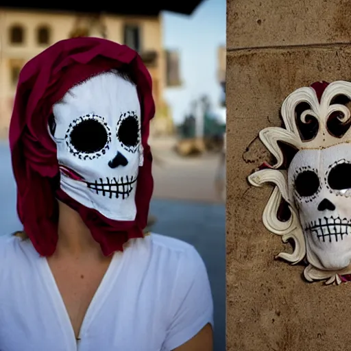 Image similar to la muerte mask with sardinia's traditional female dress