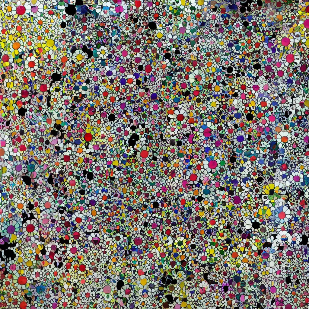 Prompt: camouflage made of flowers, style of takashi murakami, abstract, rei kawakubo artwork, cryptic, stipple, lines, splotch, color tearing, pitch bending, color splotches, dark, ominous, eerie, minimal, points, technical, old painting