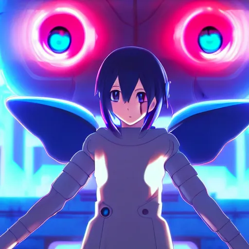 Prompt: anime cyberpunk movie still from pokemon in the style of digimon : : small female android cyborg - angel, glowing red left eye and glowing blue right eye : : cinematic lighting, advanced digital cyberpunk art : : wlop, rossdraws sakimimichan, ilya kuvshinov, krenz cushart, greg rutkowski