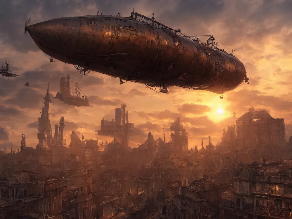 Image similar to a steampunk city, sunset, airship in the sky, clear skies in the distance, hyperreal, artstation