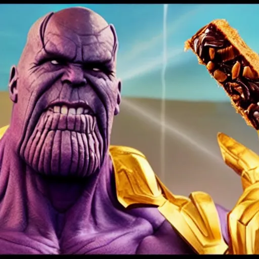 Image similar to Thanos breaks a snickers bar with a sly smile