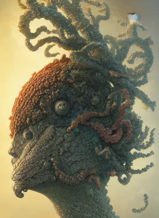 Image similar to Helmet of a forgotten Deity, corals, ribbons of seaweed, extremly detailed digital painting, in the style of Tomasz Alen Kopera and Fenghua Zhong and Peter Mohrbacher, mystical colors, rim light, beautiful lighting, 8k, stunning scene, raytracing, octane, trending on artstation