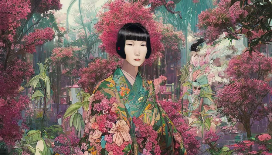 Image similar to a digital painting of a woman wearing gucci exploring a magical japanese temple, lush plants and flowers, eco - cyberpunk art by james jean, cgsociety, retrofuturism, anime aesthetic, chromatic, iridescent