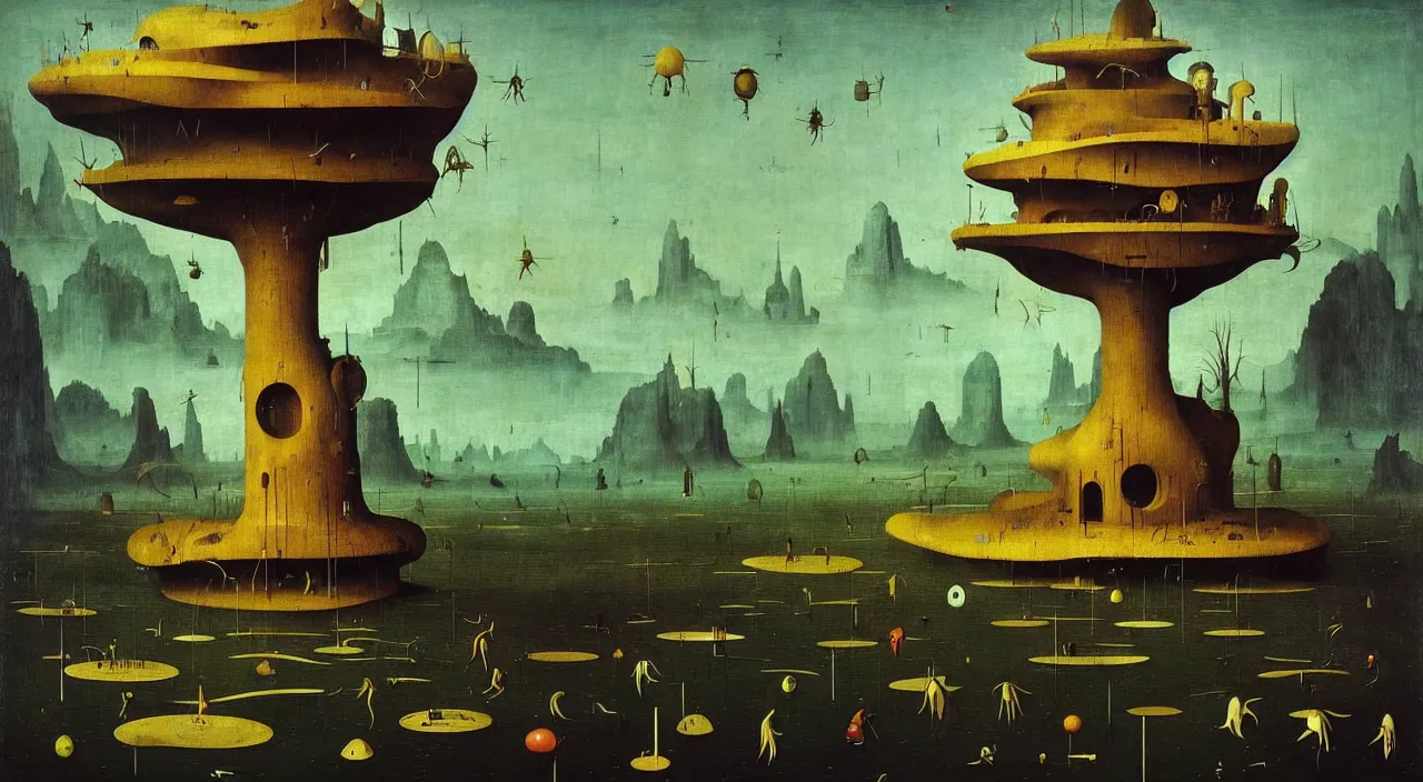 Image similar to single flooded simple!! hive tower anatomy, very coherent and colorful high contrast masterpiece by franz sedlacek hieronymus bosch dean ellis simon stalenhag rene magritte gediminas pranckevicius, dark shadows, sunny day, hard lighting