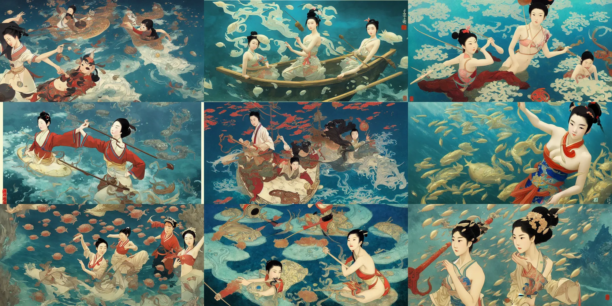 Prompt: ming dynasty, underwater, in the style of studio ghibli, j. c. leyendecker, greg rutkowski, artem