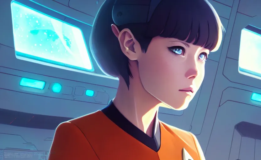 Prompt: portrait of star trek cute commander girl, empty interior bridge of federation ship as background, illustration concept art anime key visual trending pixiv fanbox by wlop and greg rutkowski and makoto shinkai and studio ghibli and kyoto animation, the next generation vibe, federation clothing, orange retro lcd screens, 4 k