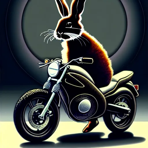 Image similar to a bunny wearing a leather jacket, riding a suzuki dr 6 0 0 motorcycle, highly detailed, digital painting, artstation, concept art, matte, sharp focus, highly detailed, 4 k, hdr, smooth, sharp focus, high resolution, award - winning photo, photorealistic, art by artgerm and greg rutkowski and alphonse mucha, large shot