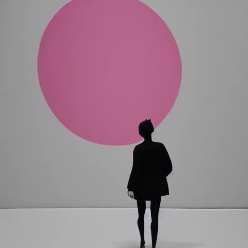 Prompt: _ in _ these _ sculpture _ we _ see _ a _ woman _ walking _ in _ circles in a busy void space, 4 k, in the style of ben quilty, hyper realism, minimal pink palette, medium shot, 3 d, octane, detailed,