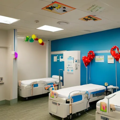 Image similar to a brightly lit hospital room with happy decorations