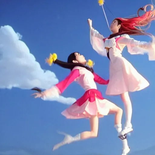 Prompt: a battle of two real-life mahou shoujo girl flying in the sky, still of an epic japanese movie scene