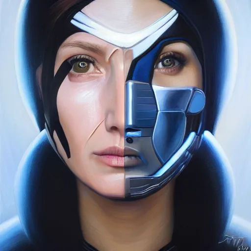 Prompt: portrait of woman with a large dueling scar from a knife across her cheek and lips wearing futurist spacesuit, Alexandria's genesis, chin-length hair, bored, illustration, soft lighting, soft details, hyper realism, high detailed, painting oil on canvas by mark arian by artgerm, trending on artstation, 4k, 8k, HD