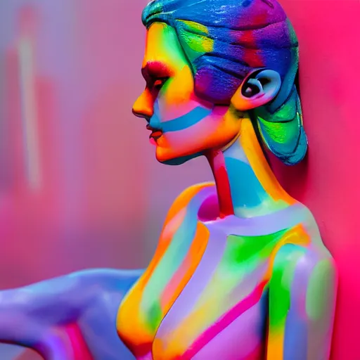 Image similar to a beautiful female made out of plastic, full body, colourful background, 5 0 mm lens, f 1. 4, sharp focus, ethereal, emotionally evoking, head in focus, volumetric lighting, 8 k